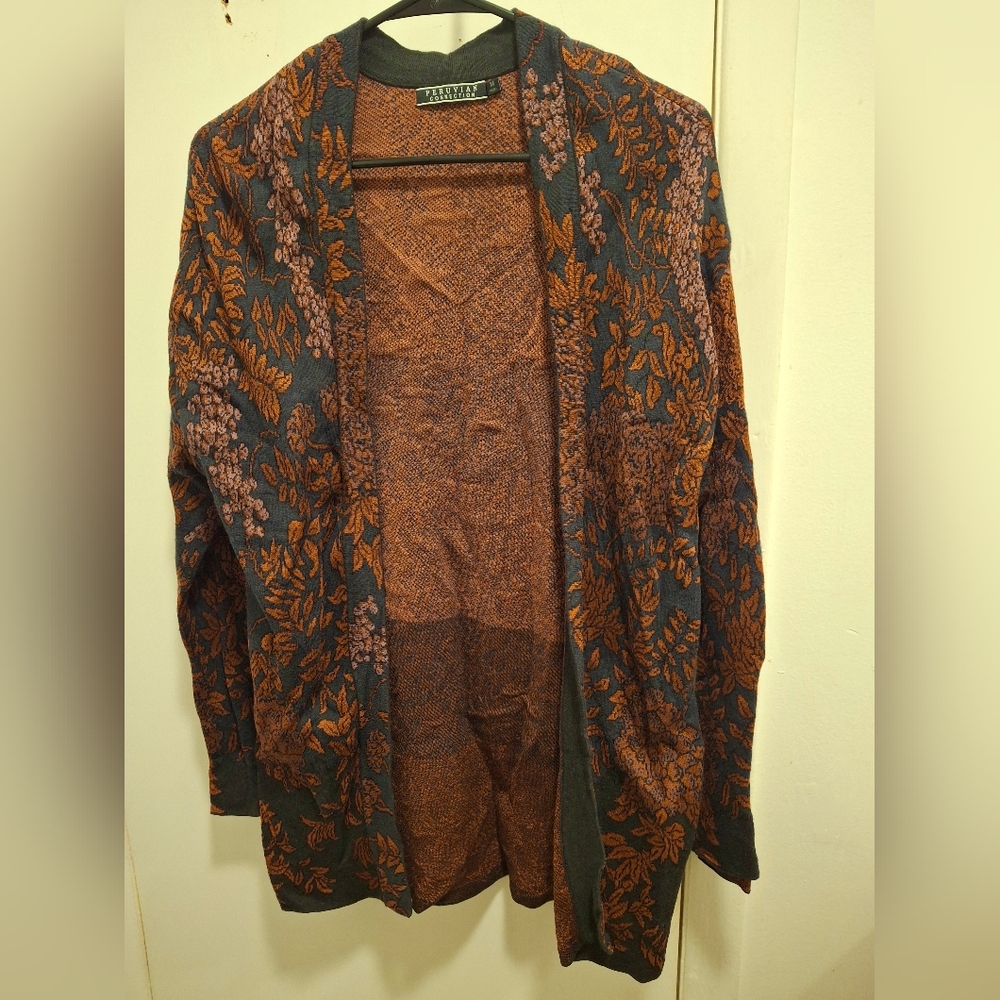 Peruvian Connection Women's Cardigan - Brown and Green Leaf Pattern